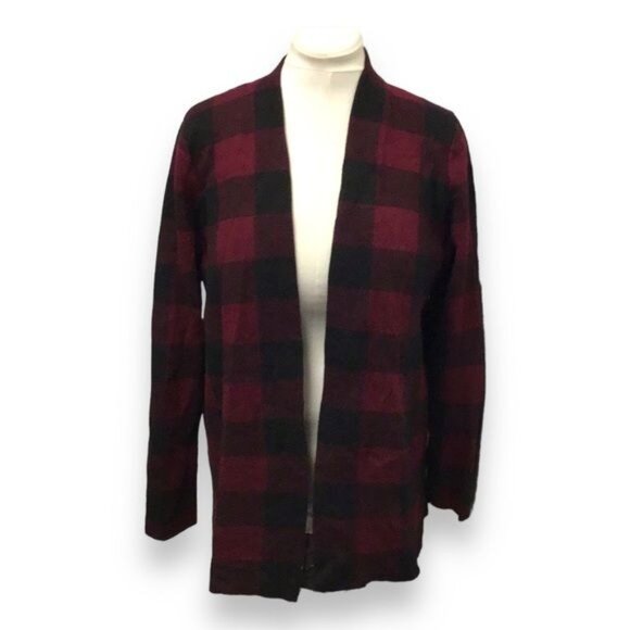 Talbots Women’s Open Front Pure Merino Wool Buffalo Plaid Sweater Cardigan - Picture 2 of 7